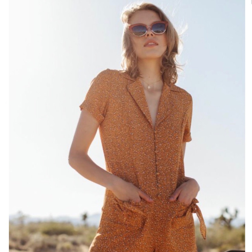 Orange Ditsy Print Button Front Playsuit